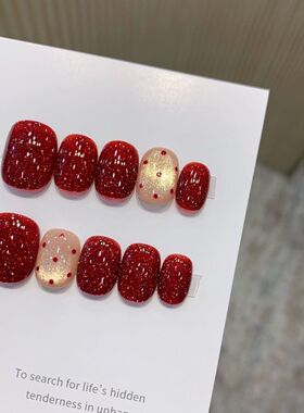 纯手工儿童穿戴甲女童美甲简约红色碎钻buling闪跳色玻璃珠波点猫