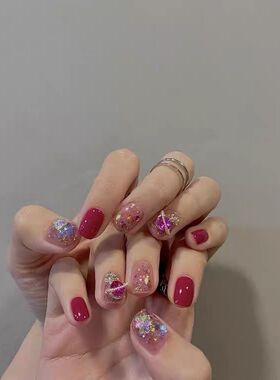 手工光疗甲小红书同款小清新ins美甲玫红亮片美甲显白短款穿戴甲