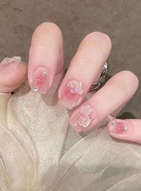 纯手工儿童穿戴甲女童手工美甲成品ins极光蝴蝶结山茶花温柔水蜜