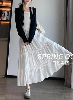 White midi skirt spring long skirt白色半身裙春季蛋糕裙