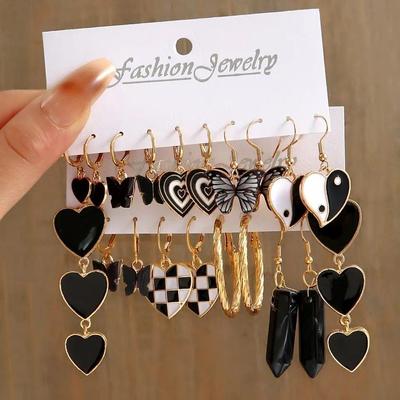 Earring set 5 pieces黑色桃心耳环C型棋盘格耳环套装组合5件套