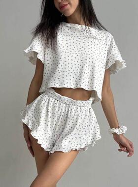 Women's casual printed set pajamas荷叶短袖圆领短裤睡衣两件