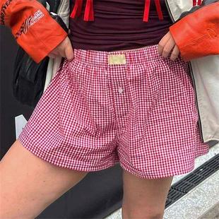 retro leg checkered shorts 女 Loose 舒适高腰宽松阔腿短裤 wide
