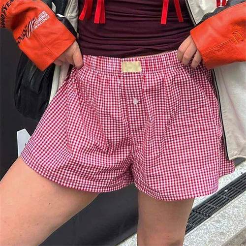 Loose wide leg retro checkered shorts 舒适高腰宽松阔腿短裤女