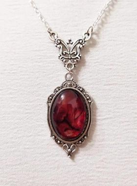 跨境热全新覆古红色石英水晶项炼 镀银时尚首饰吊坠项炼necklace