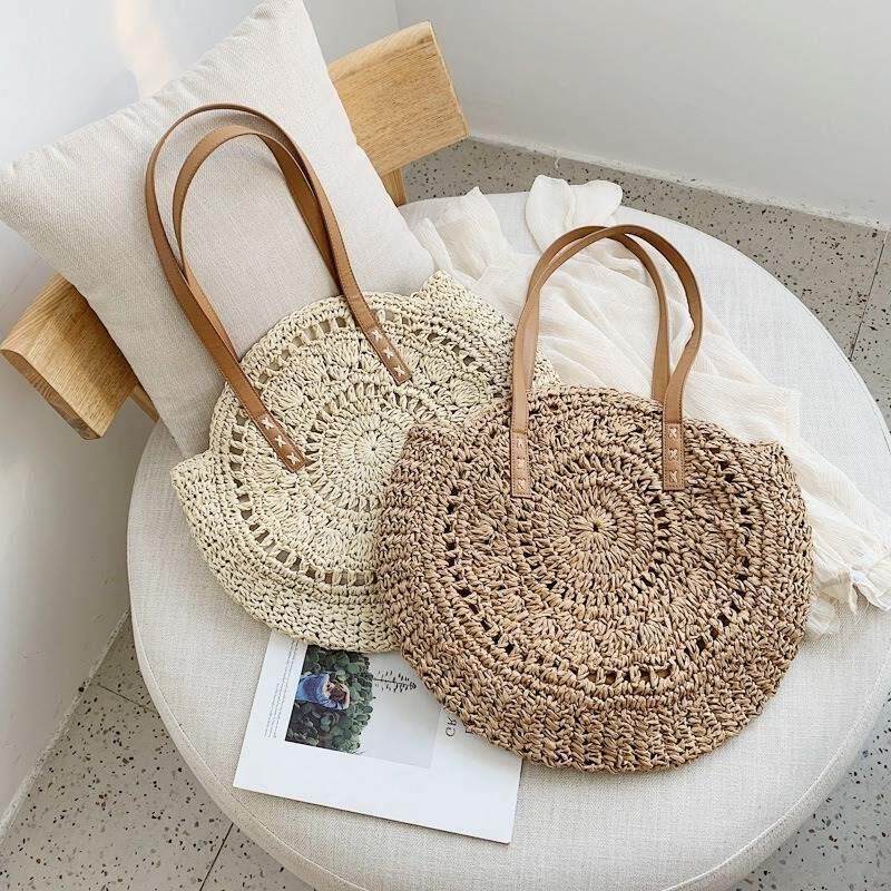 Round Straw Beach Bag Vintage Handmade Woven Shoulder Bag Ra
