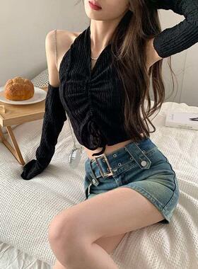 Black sweet and spicy drawstring hanging neck small camisole