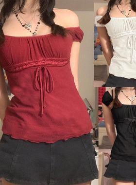 T-shirt Kawaii Bow Pullovers Tees Y2K Vintage Women Crop Top