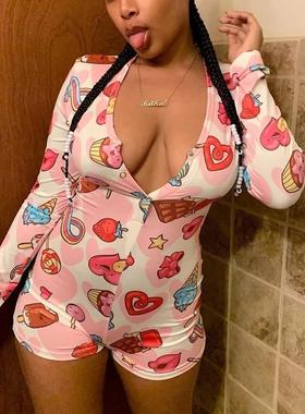 Printed deep V-neck household clothes印花深V领连体休闲家居服