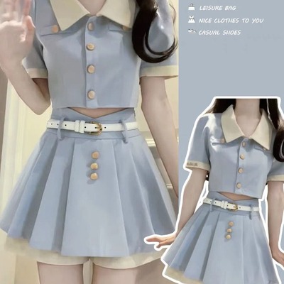 法式甜辣妹小香风短款翻领衬衫女夏季高腰显瘦时尚百搭裙裤两件套