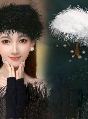 女士新款帽子法式复古小帽子羽毛发箍黑色洋气发卡韩版发饰显年轻