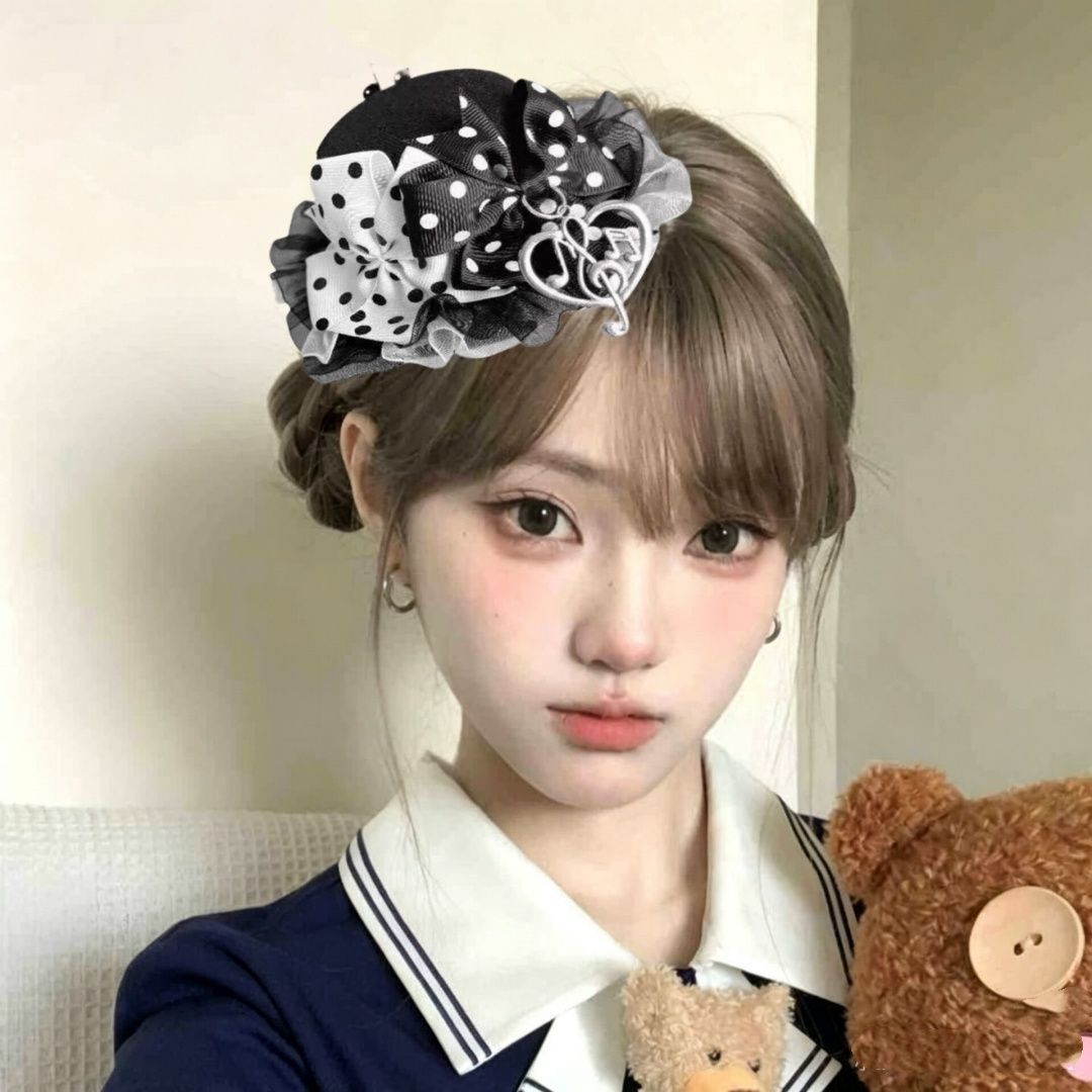 黑白波点钢琴键音符可爱萌系甜美日系亚文化发饰少女头饰礼帽发夹