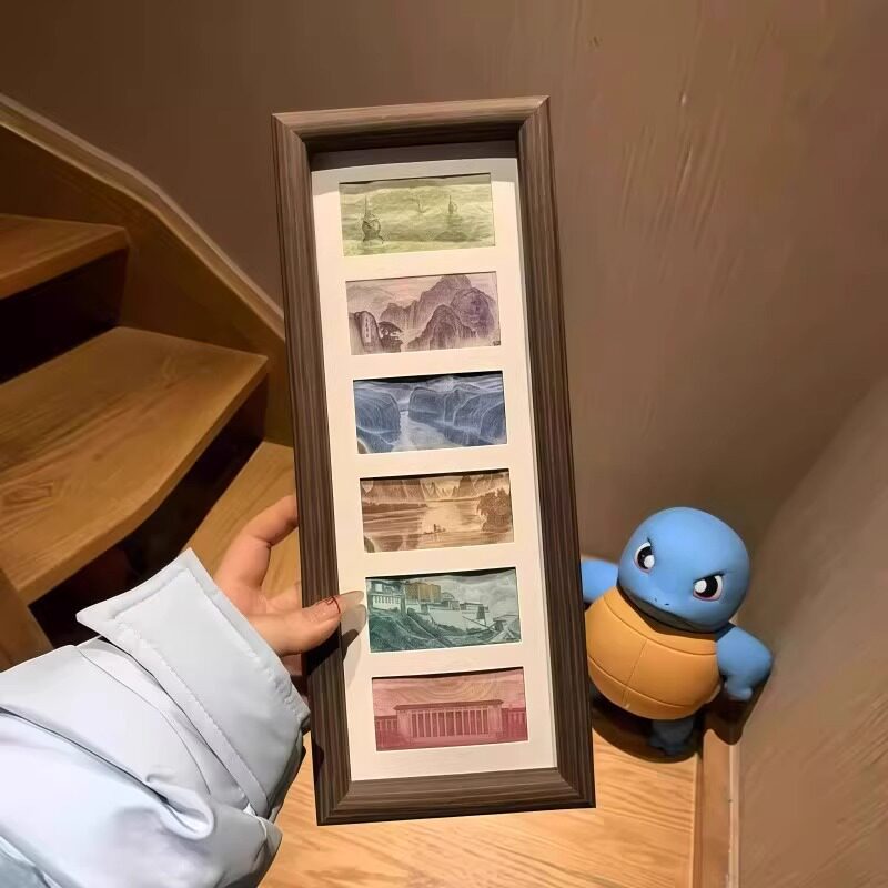 相框六连框黑胡桃人民币增运多金画框摆台装饰画六连相框大好河山