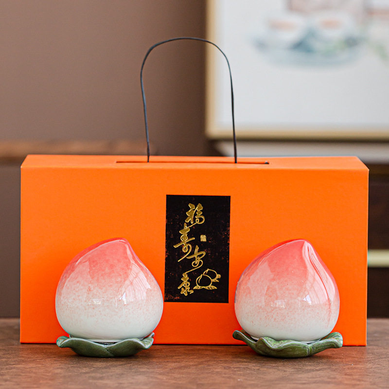 寿桃桃子茶叶罐陶瓷罐瓷罐密封罐创意logo迷你密封防潮茶仓摆件小