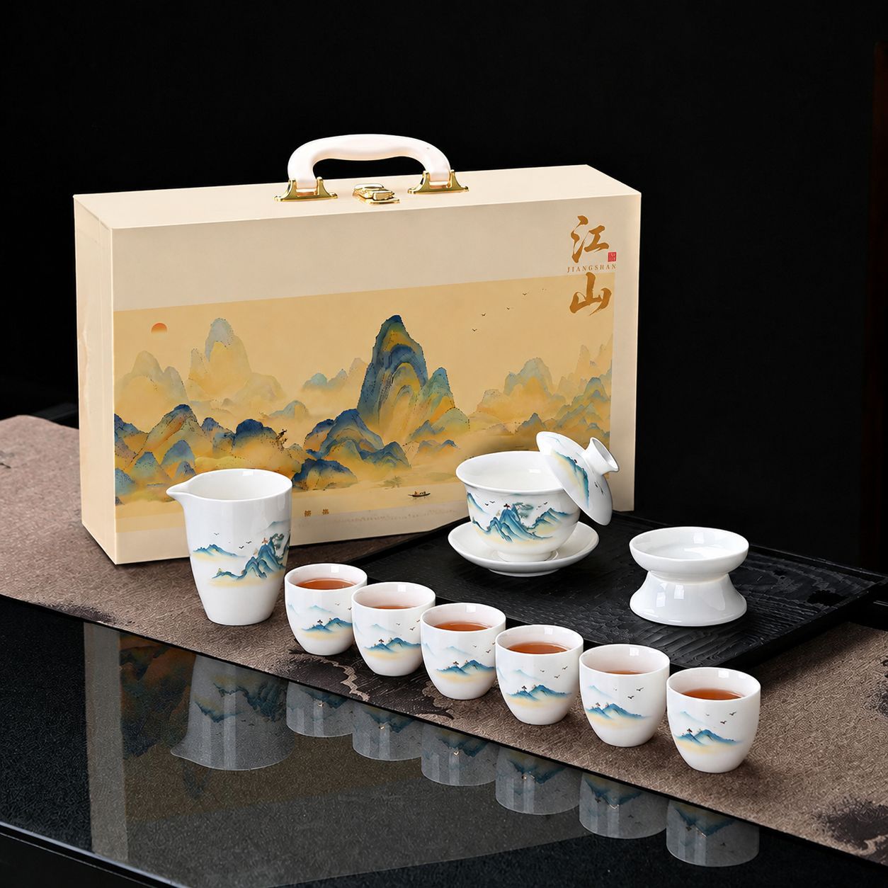 文创千里江山羊脂玉功夫茶具套装白瓷整套高档礼盒定制礼品伴手礼