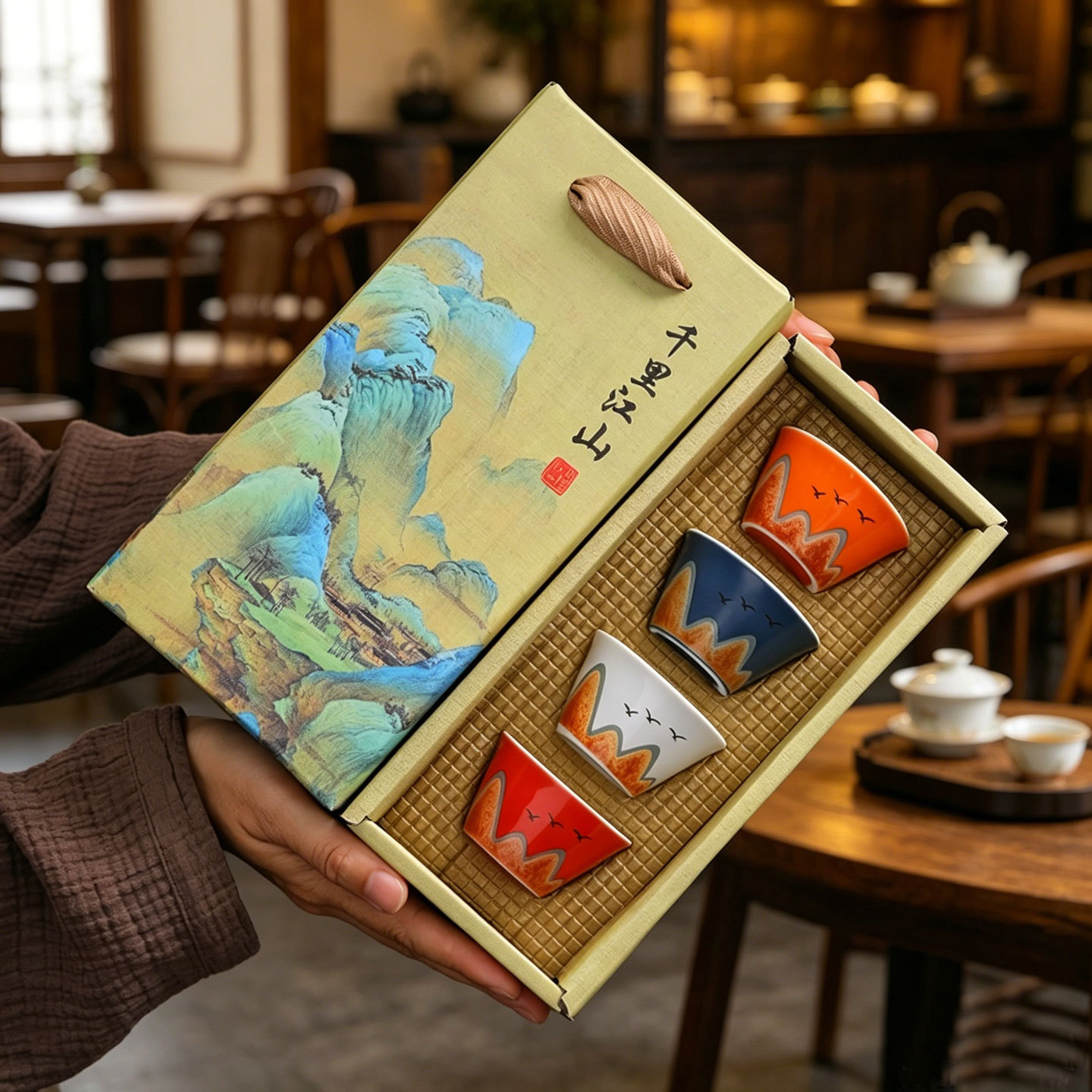 定制国潮文创茶杯千里江山主人杯礼盒套装功夫茶具品茗杯伴手礼品