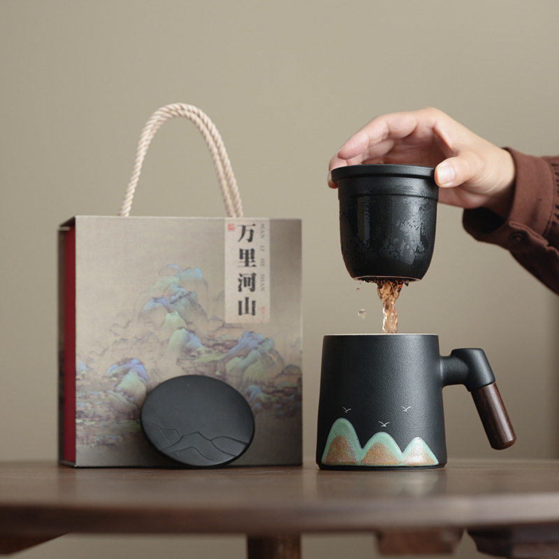 国潮千里江山陶瓷马克杯泡茶过滤办公杯礼盒高档中秋商务伴手礼品