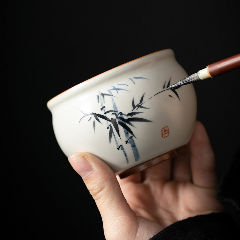 米黄汝窑主人杯手绘复古单个茶盏个人小茶杯子大号陶瓷品茗杯