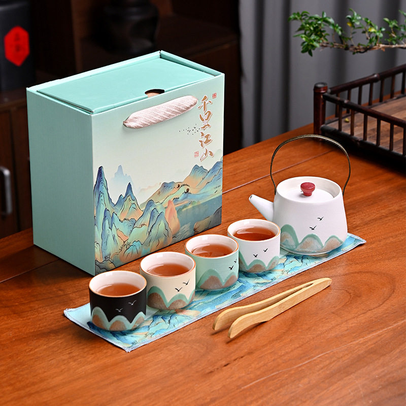 千里江山陶瓷功夫茶具套装家用茶壶茶杯提梁壶手绘公司礼品伴手礼