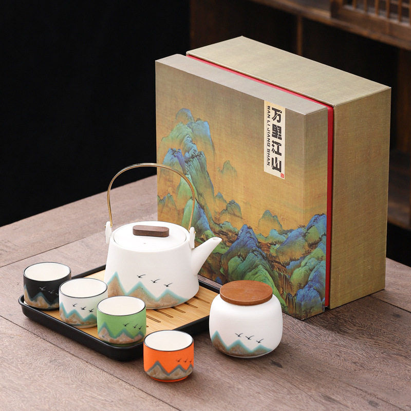 高端万里江山功夫茶具礼盒套装国潮文创手绘提梁壶伴手礼纪念品