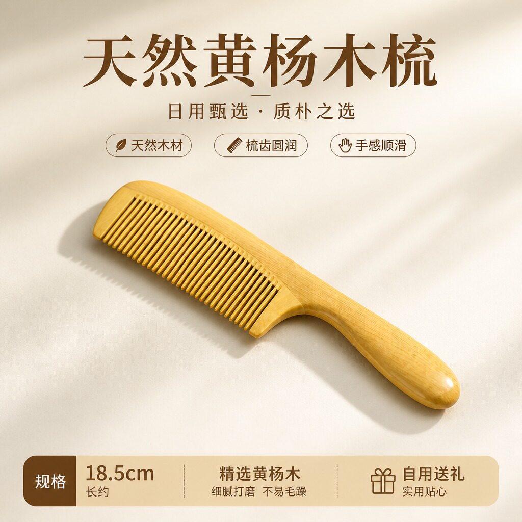 黄杨木梳子家用密齿长柄梳榫卯拼接加厚鼓柄梳按摩头皮梳顺发梳子
