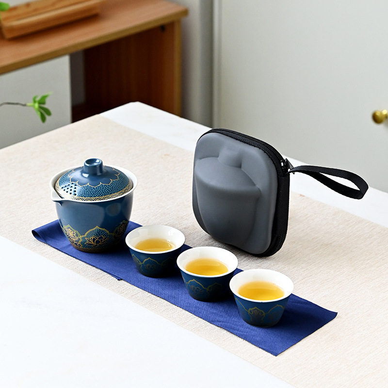 旅行茶具小套装盖碗茶杯功夫茶具快客杯古韵礼品商务伴手礼定制小