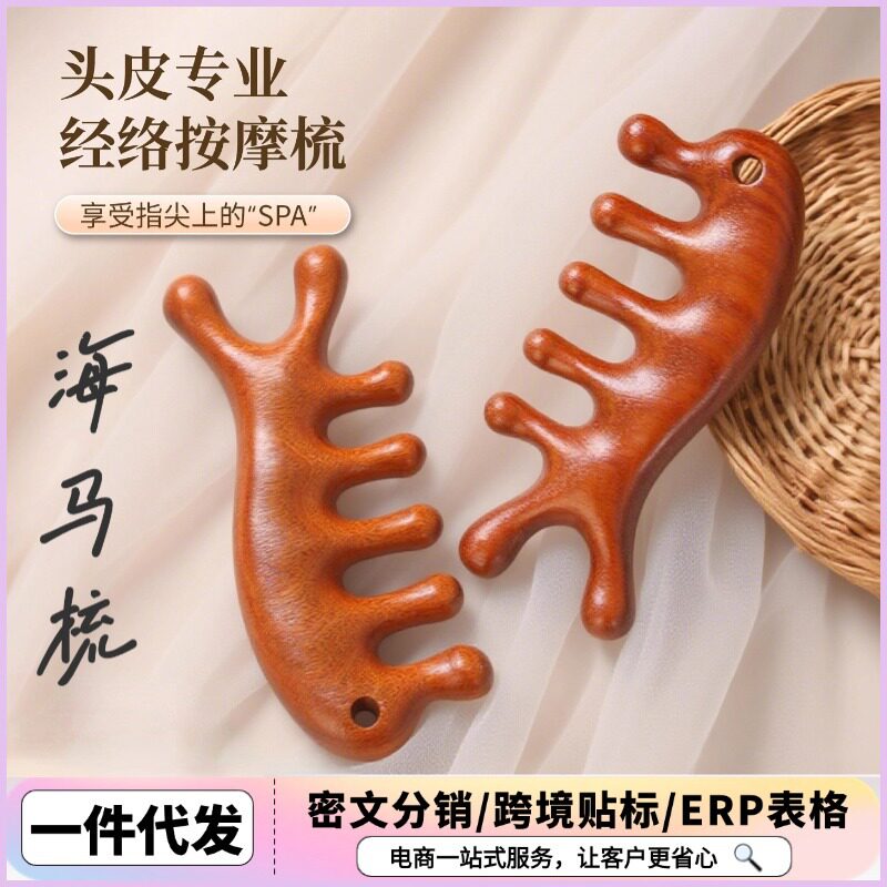 【电商爆款】檀木经络按摩梳小巧梳子便携多功能经络梳带孔海马梳