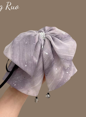 韩系高端发夹紫色蝴蝶结飘带抓夹发量少盘发鲨鱼夹后脑勺马尾夹子