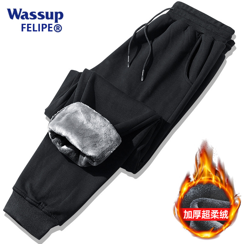 WASSUP FELIPE卫裤2023男士冬季加绒直筒裤束脚针织休闲女款长裤