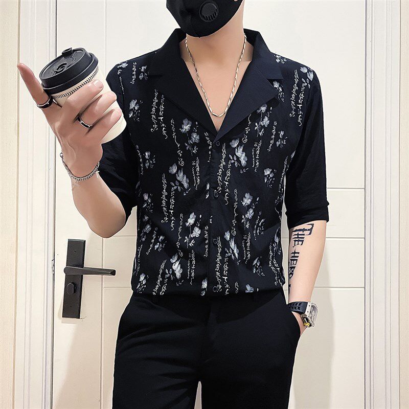 新品英伦风西装领衬衫男短袖夏季新款F时尚潮流休闲免烫抗皱七分