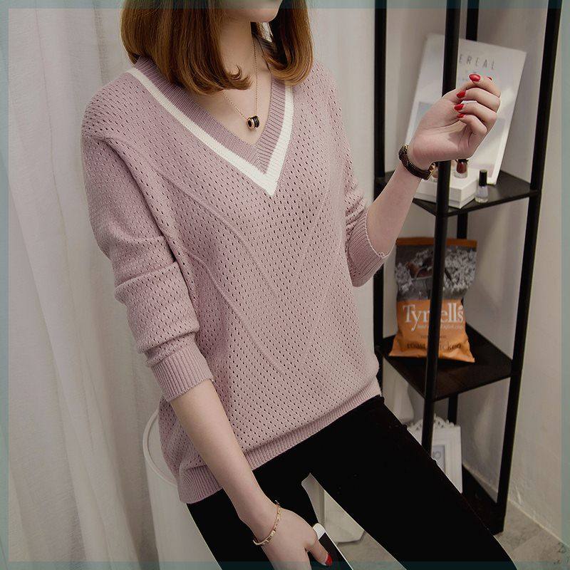 极速2023新款套头针织衫女薄款宽松镂空HV领小清新毛衣百搭打底衫