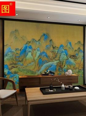 极速新中式复古卧室墙布千里江山图壁G纸客厅电视背景墙纸饭厅典