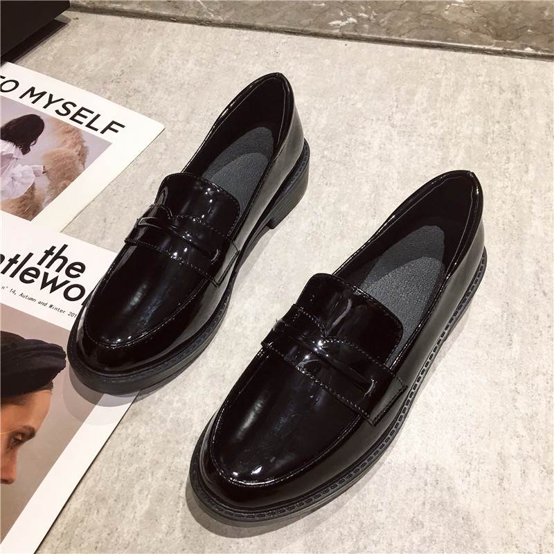 极速潮牌漆皮单鞋k女真皮2023新款黑色厚底粗跟乐福鞋秋女袜子英