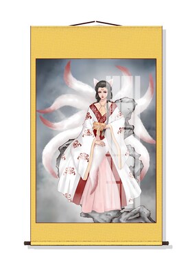 极速涂山九尾狐画像白色狐狸卷轴挂画胡家东北出S马客厅堂口供奉