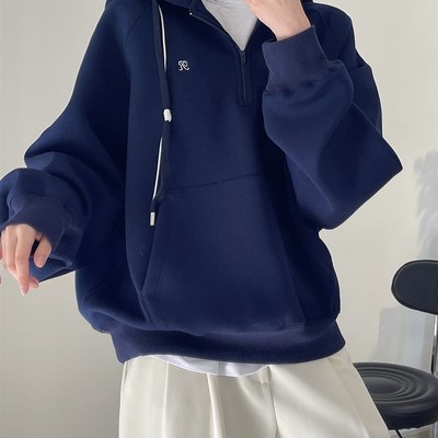 灰色卫衣女潮ins设计感小t众慵懒风半拉链2024新款春秋太空棉连帽