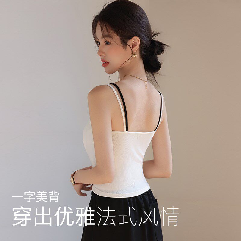 新品假两件e拼接小吊带背心女蕾丝花边带胸垫美背短款内搭外穿打