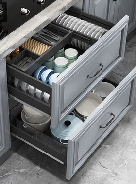 极速橱柜拉篮厨房双三层抽屉式碗架太空铝合金抽中抽W碗柜内收纳