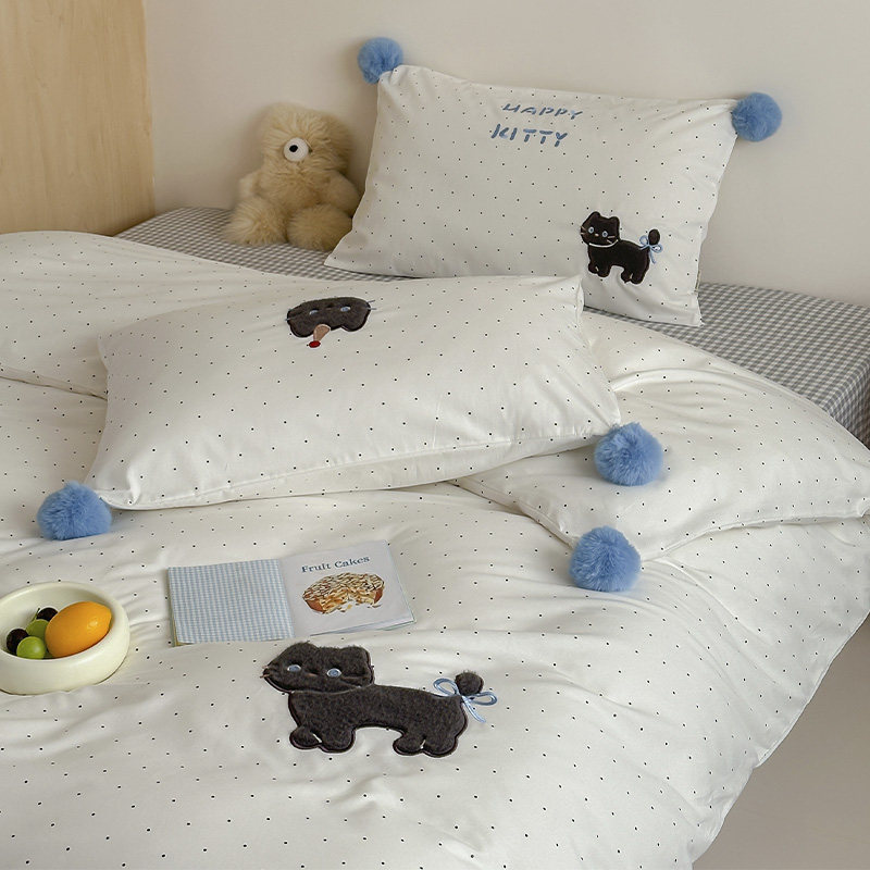 ins全棉四件套水洗棉刺绣波点被套可爱卡通纯棉少女床单春夏床品