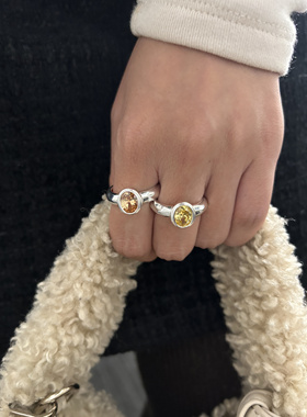 mapuce 韩国s925通体银椭圆手工镶嵌宝石香槟色高级感开口戒指女