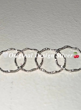 韩国波光粼粼纯银波浪细闪手工捶打纹路简约百搭叠戴可调节戒指