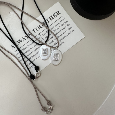 mapuce 韩国s925银黑色抽绳手工金属银牌项链毛衣链