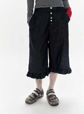 oinimi 藏青色荷叶边七分裤 童趣纽扣中裤