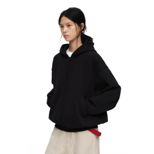 oinimi 加绒高克重挺括外套 黑色重磅廓形宽松连帽大卫衣