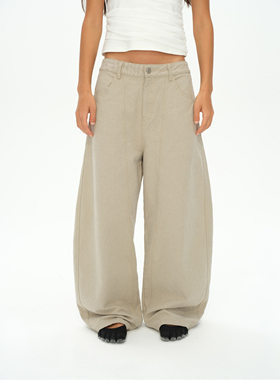 oinimi 水洗卡其轻松感 做旧廓形弯刀牛仔裤 四季百搭