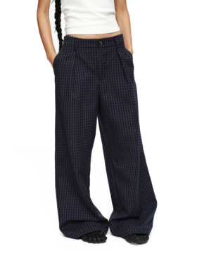 oinimi 深海蓝细格中腰阔腿西裤 垂感通勤休闲