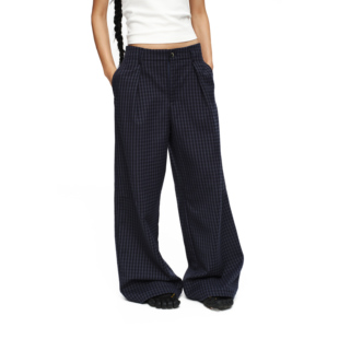 oinimi 垂感通勤休闲 深海蓝细格中腰阔腿西裤