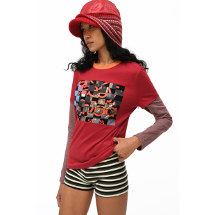 街头棋盘格编织假两件T恤 tee oinimi 错位马赛克拼贴印花长袖