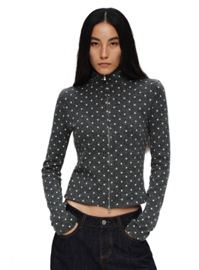 oinimi 花灰色法式波点拉链开衫 简洁复古修身针织短上衣