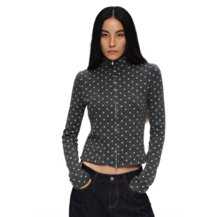 简洁复古修身 波点拉链开衫 针织短上衣 花灰色法式 oinimi