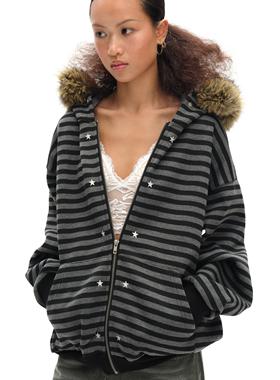 oinimi 黑灰条纹宽松连帽大卫衣 oversize加绒拉链厚外套可拆毛领